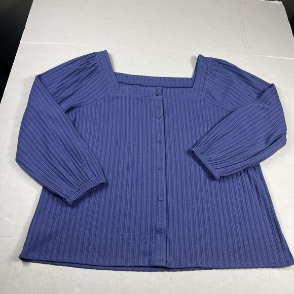 LOFT Button Down Shirt Periwinkle Ribbed Square Neck Puffed Long Sleeve Top L - Picture 1 of 10